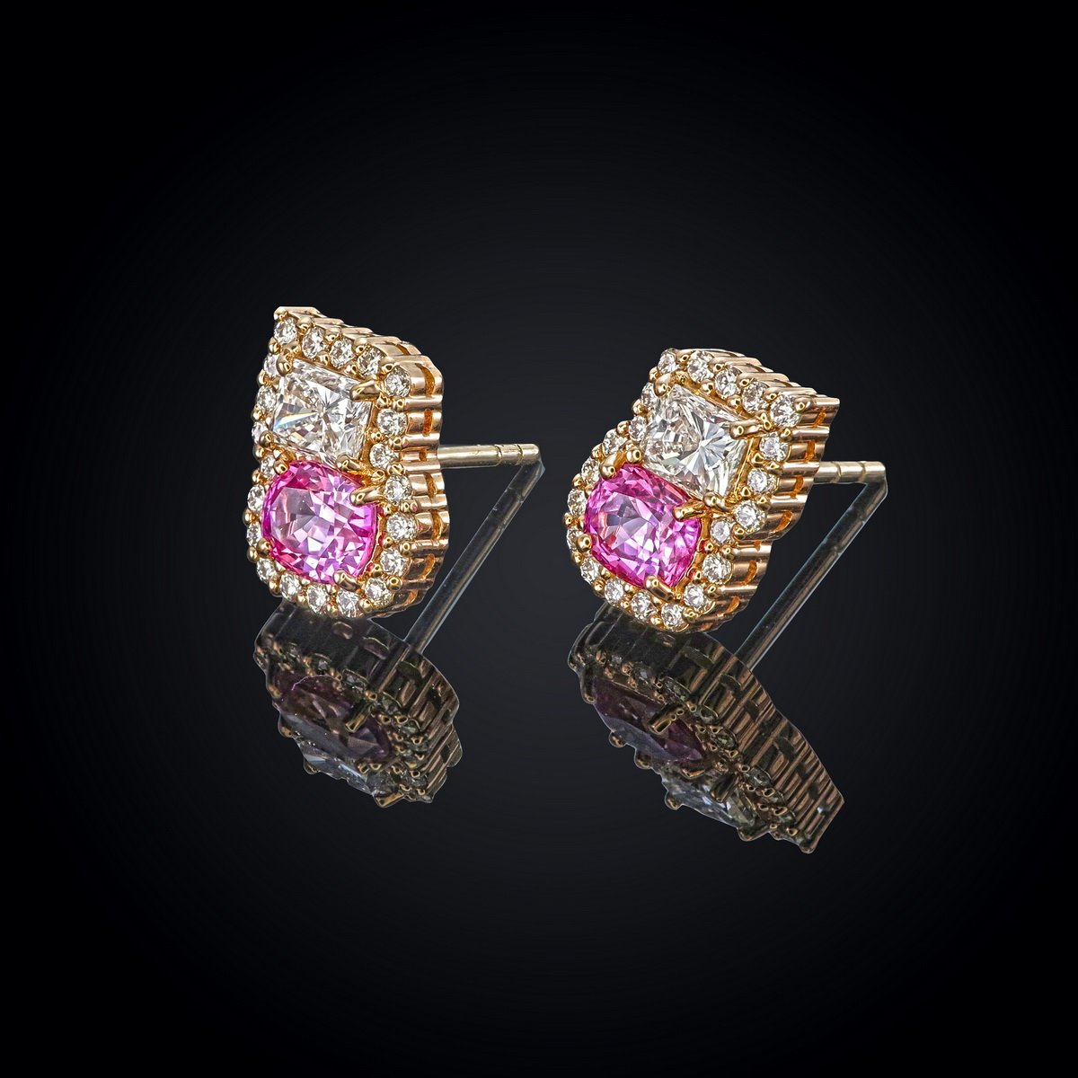 Pink Sapphire & Radiant Diamond Earrings in 18K rose gold — view 4