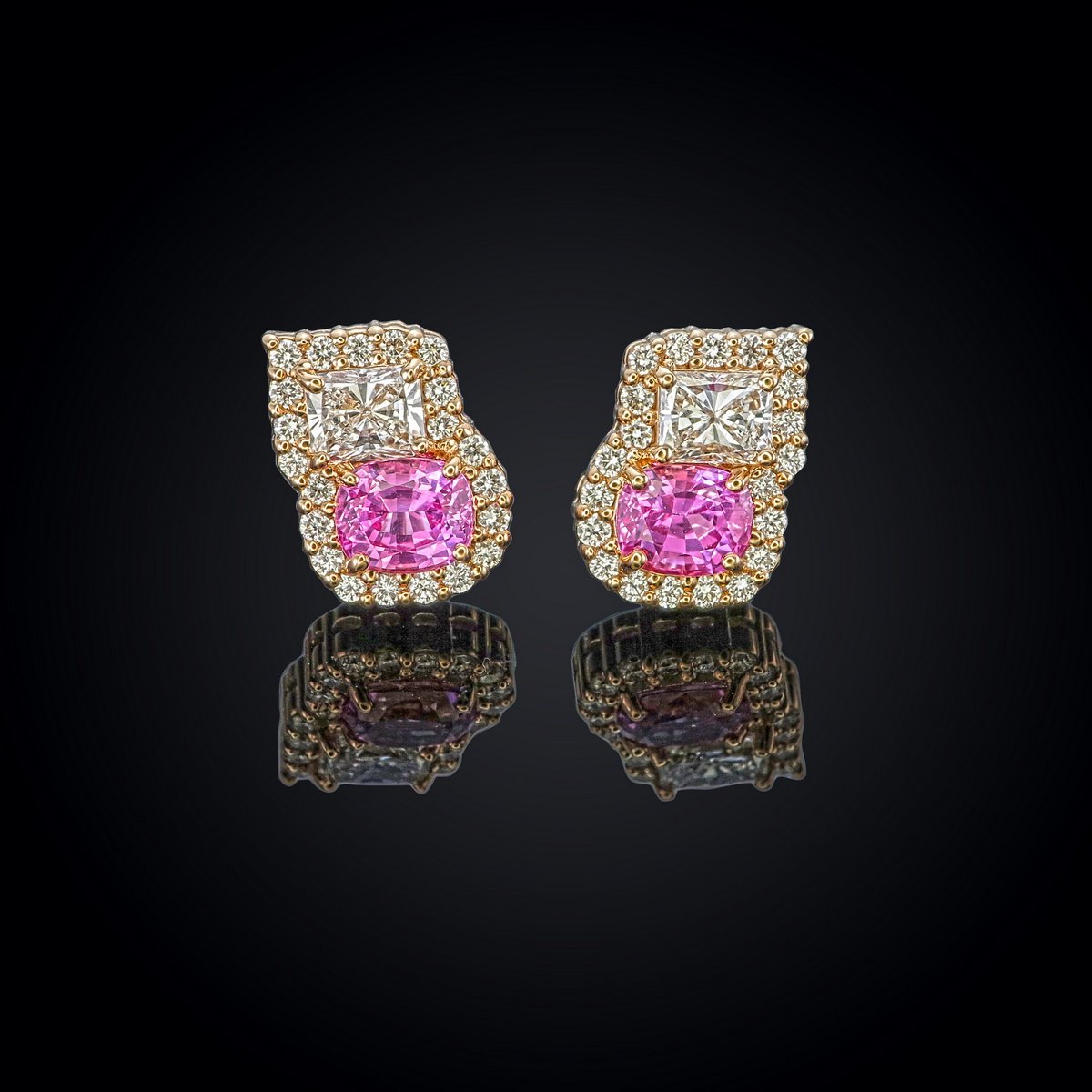 Pink Sapphire & Radiant Diamond Earrings in 18K rose gold — view 5