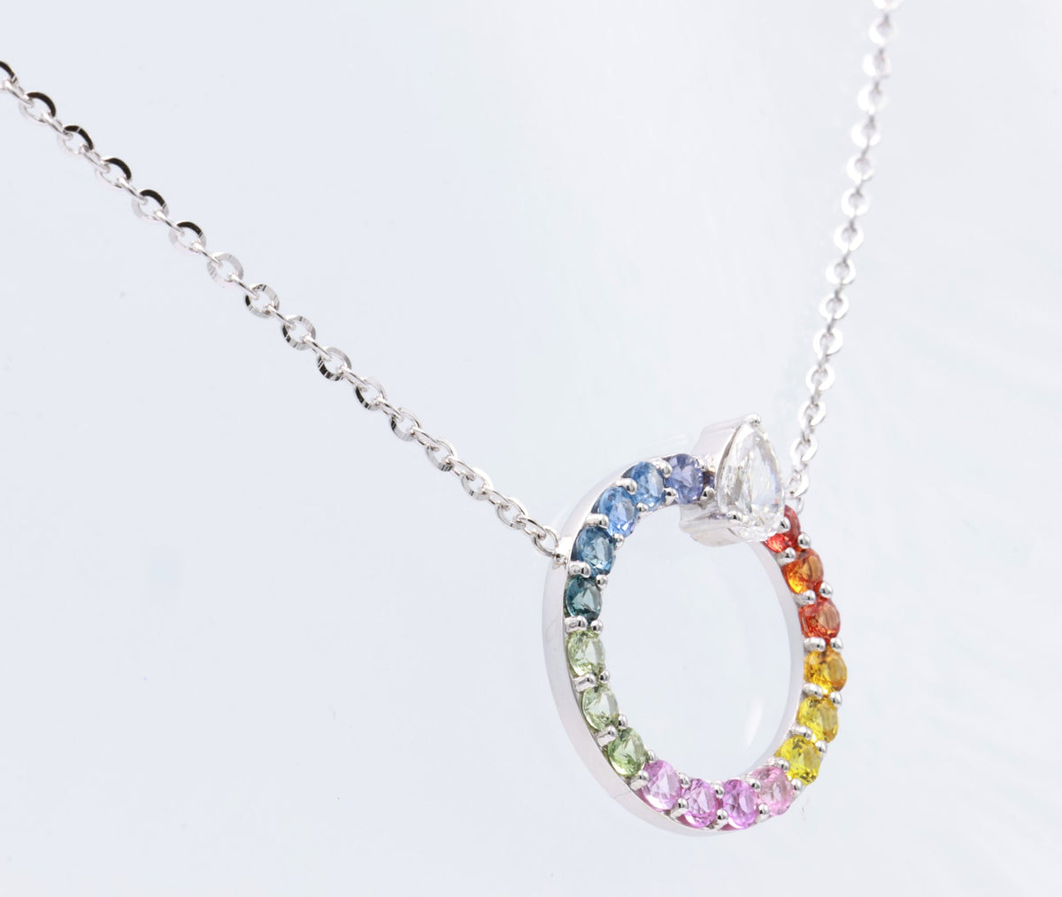 Rainbow Sapphire Circle Pendant in 18K white gold — view 1
