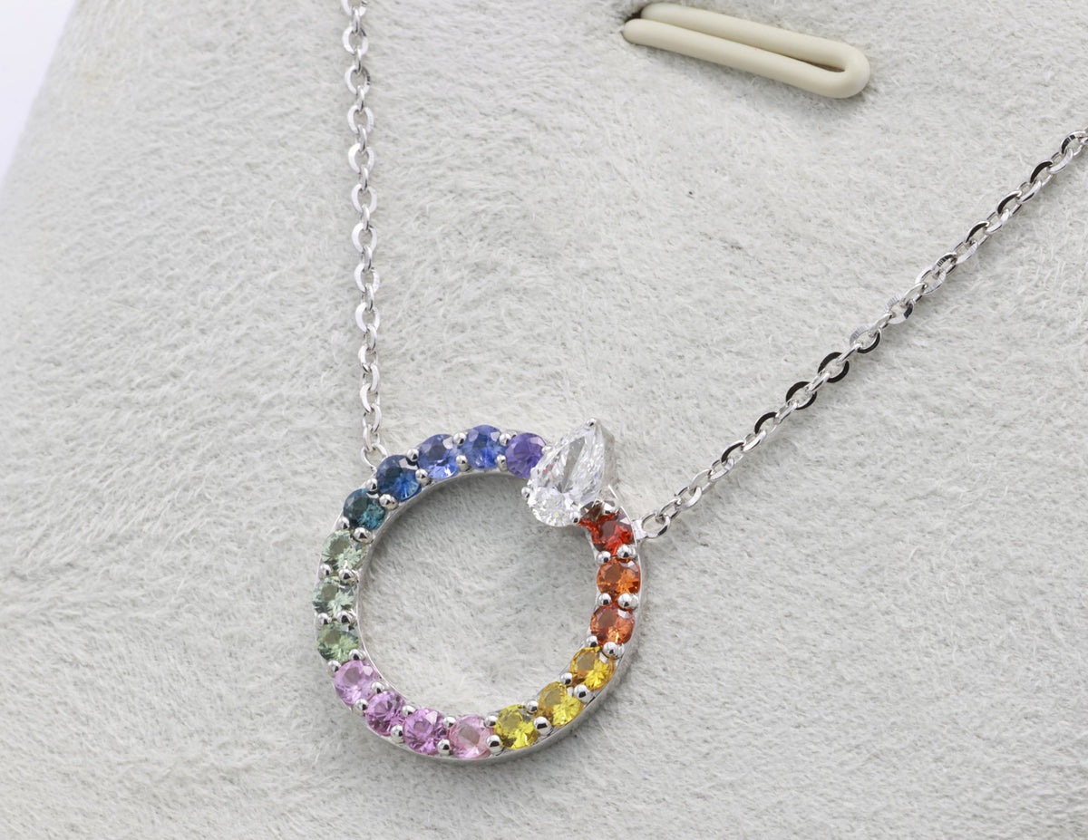 Rainbow Sapphire Circle Pendant in 18K white gold — view 3