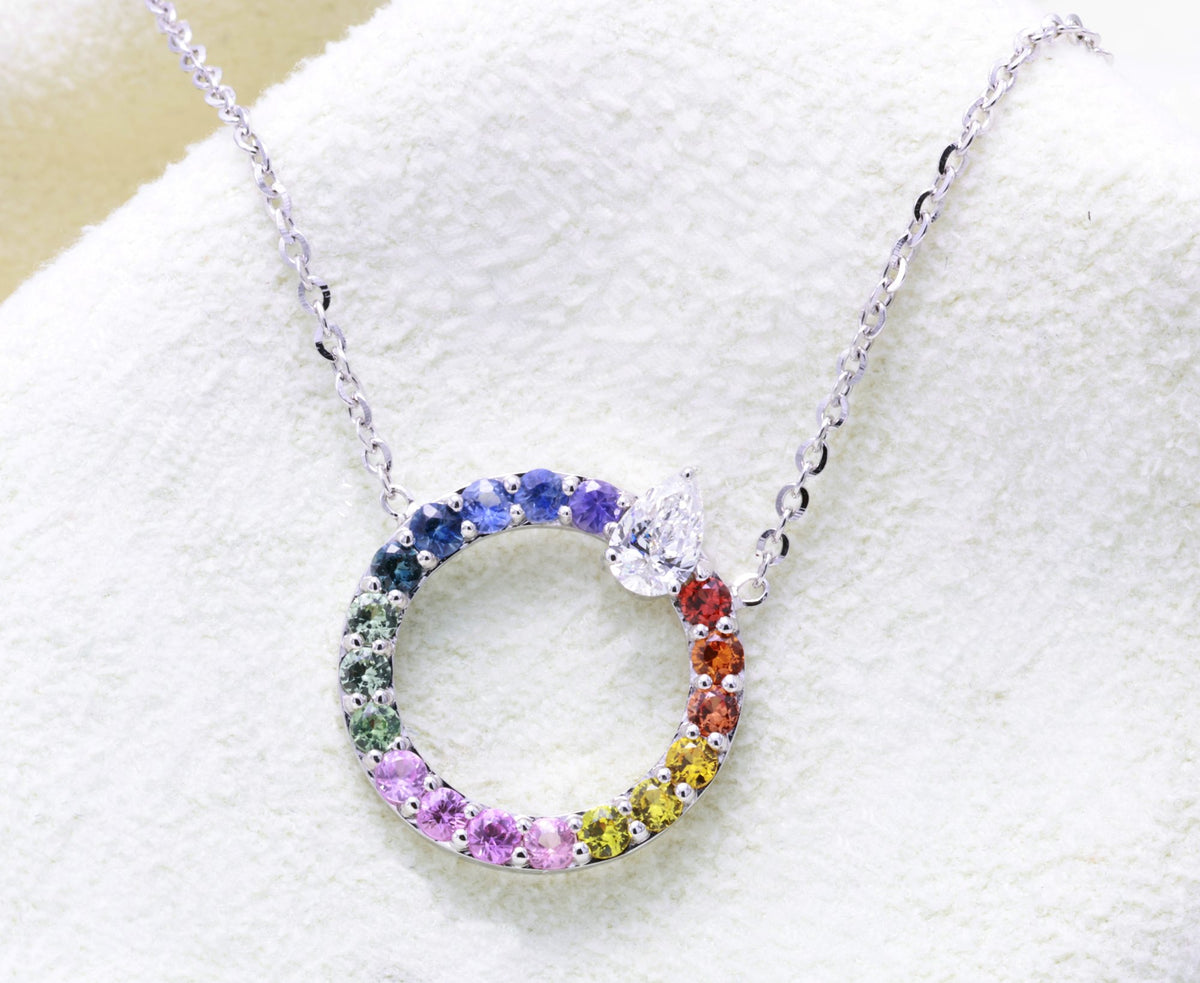 Rainbow Sapphire Circle Pendant in 18K white gold — view 4