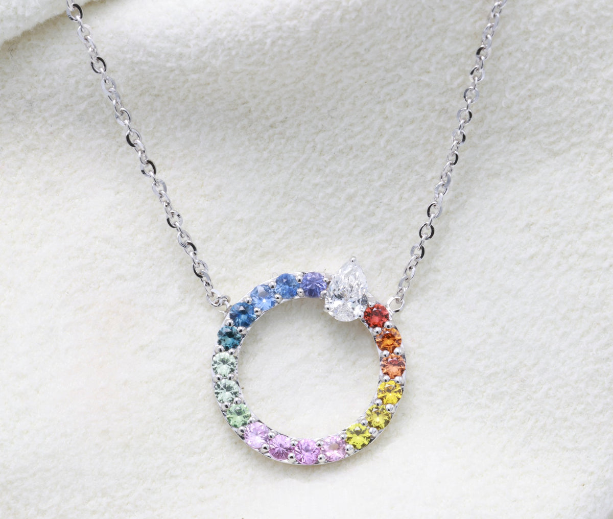 Rainbow Sapphire Circle Pendant in 18K white gold — view 5