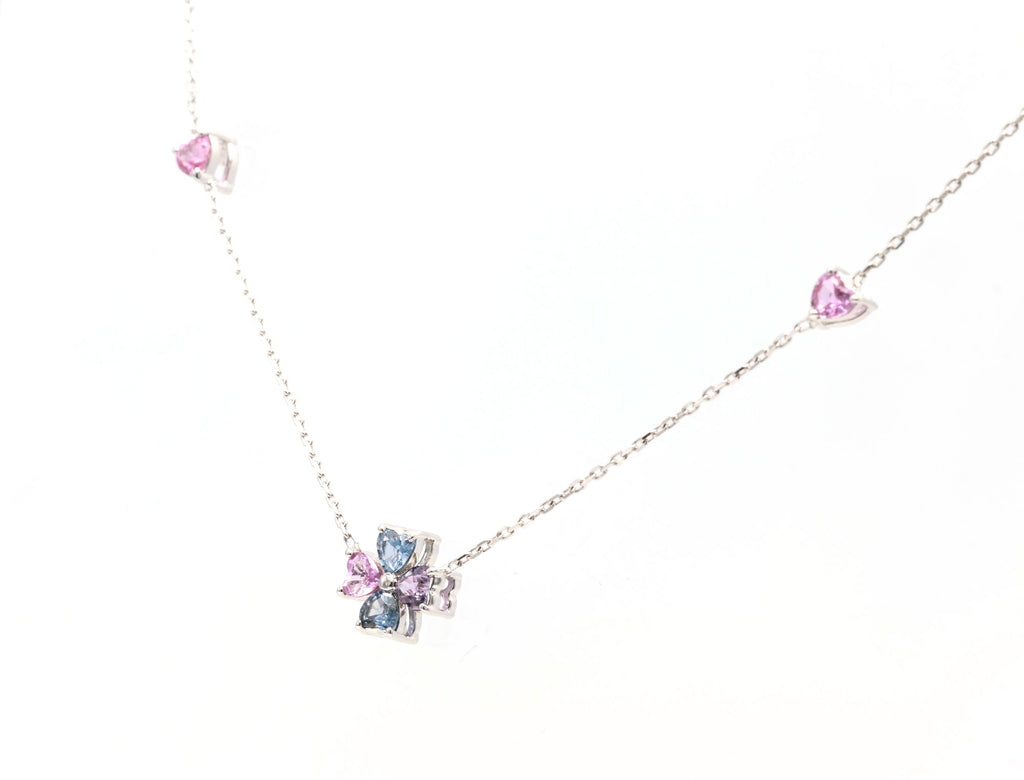Rainbow Sapphire Heart Clover Station Necklace in 18K white gold — view 1