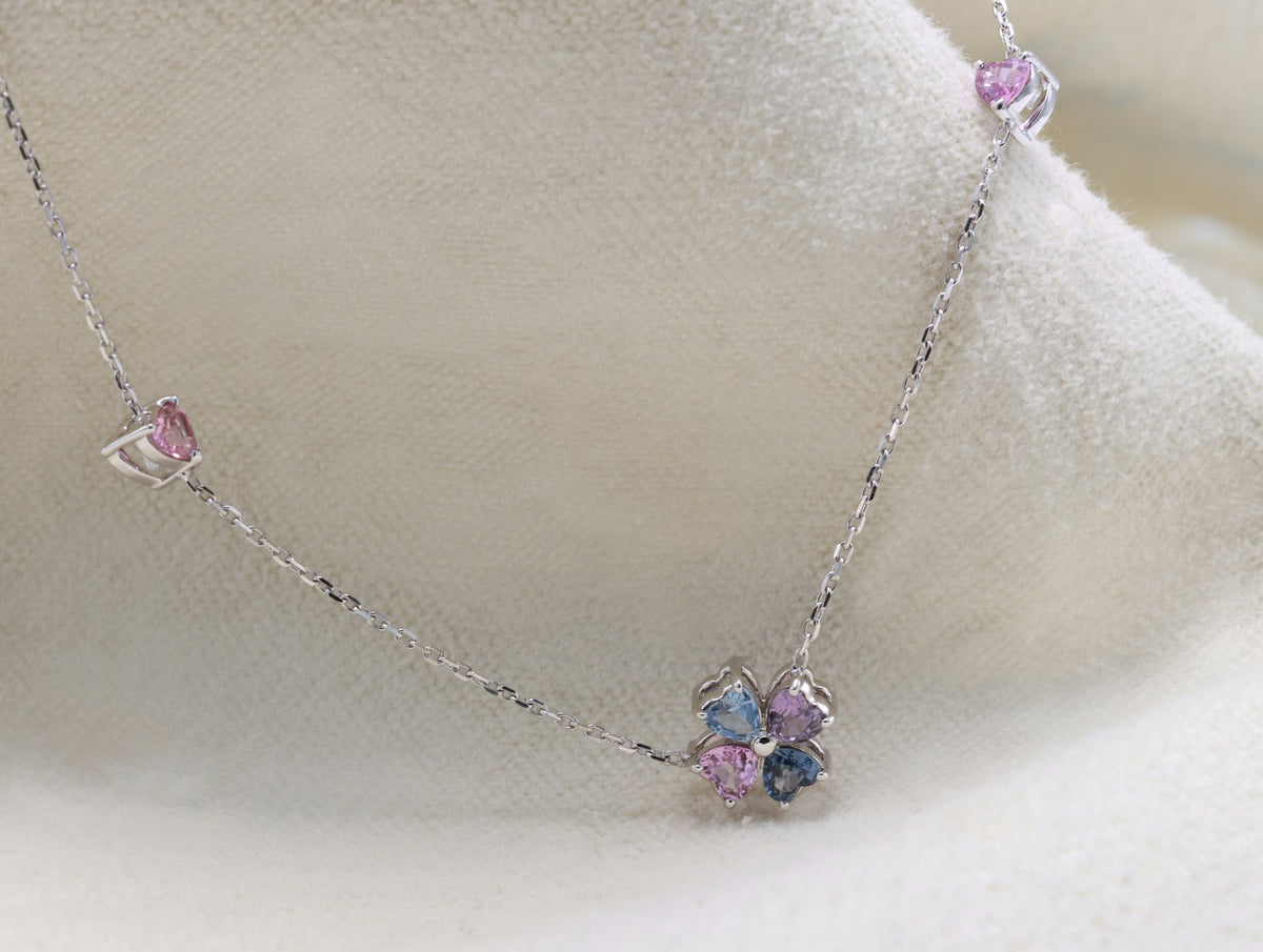 Rainbow Sapphire Heart Clover Station Necklace in 18K white gold — view 2
