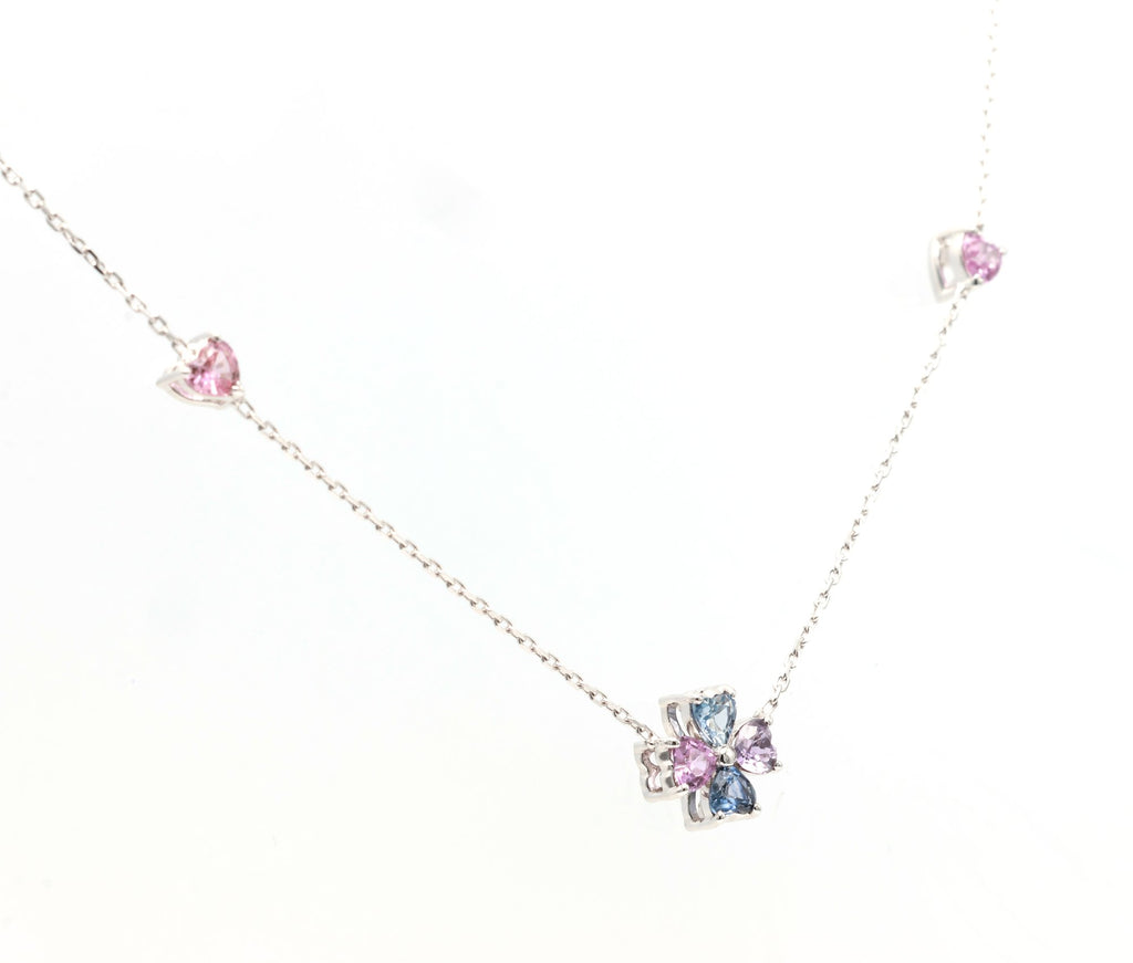 Rainbow Sapphire Heart Clover Station Necklace in 18K white gold — view 3