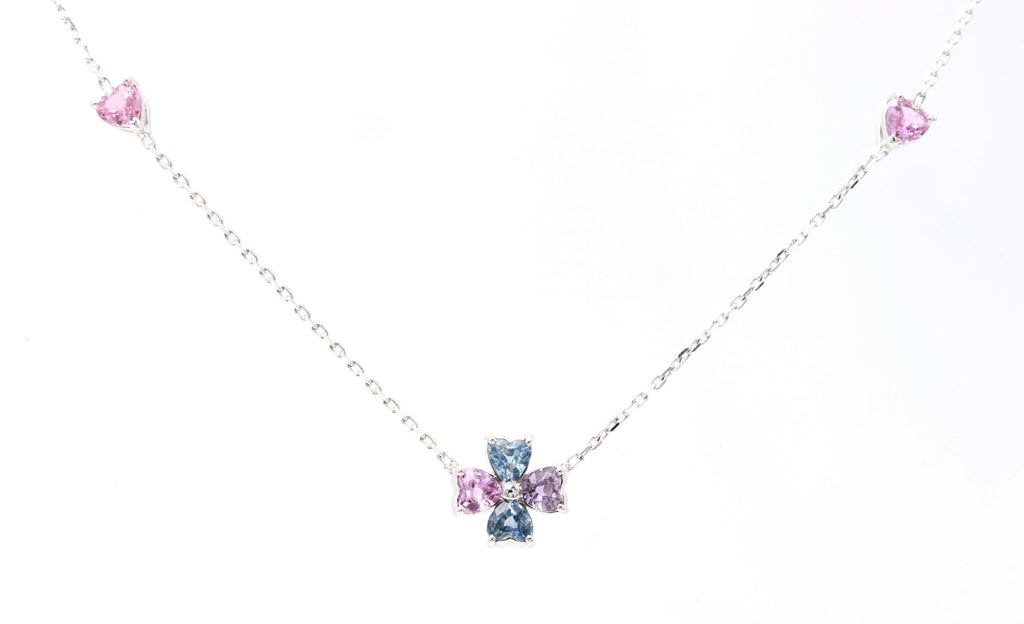 Rainbow Sapphire Heart Clover Station Necklace in 18K white gold — view 4