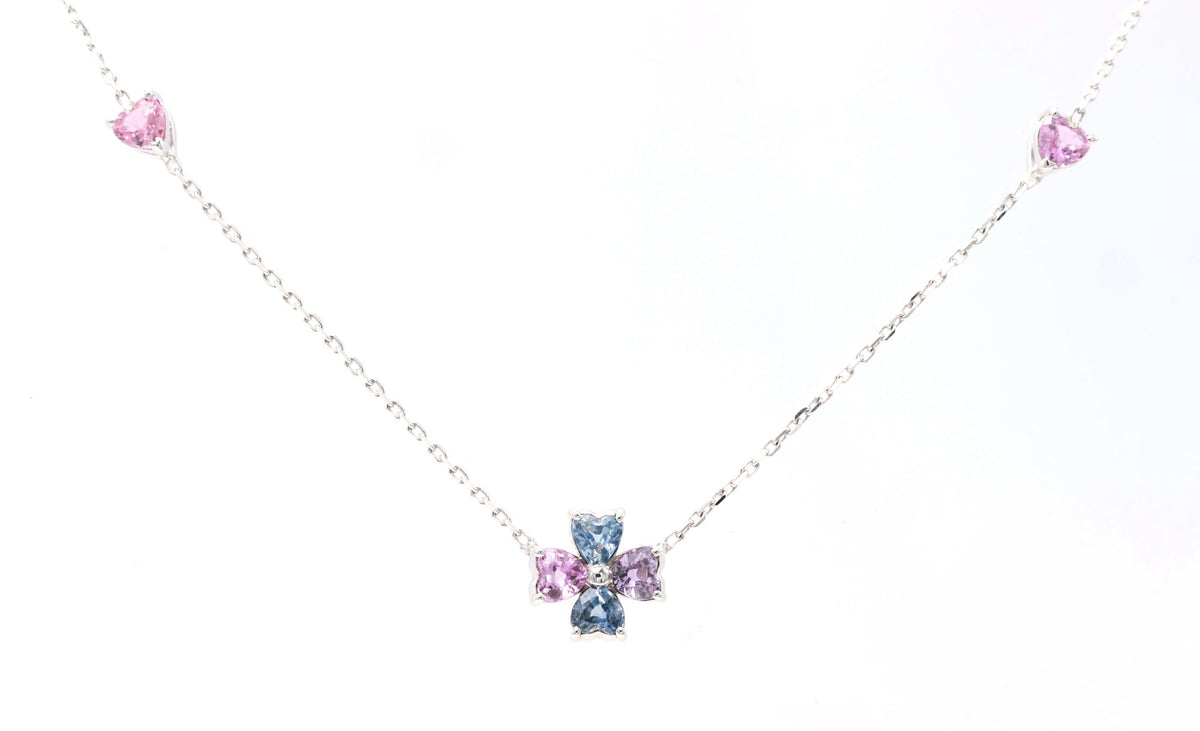Rainbow Sapphire Heart Clover Station Necklace in 18K white gold — view 4