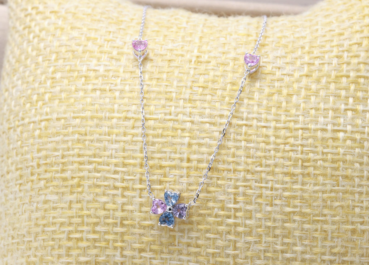 Rainbow Sapphire Heart Clover Station Necklace in 18K white gold — view 5