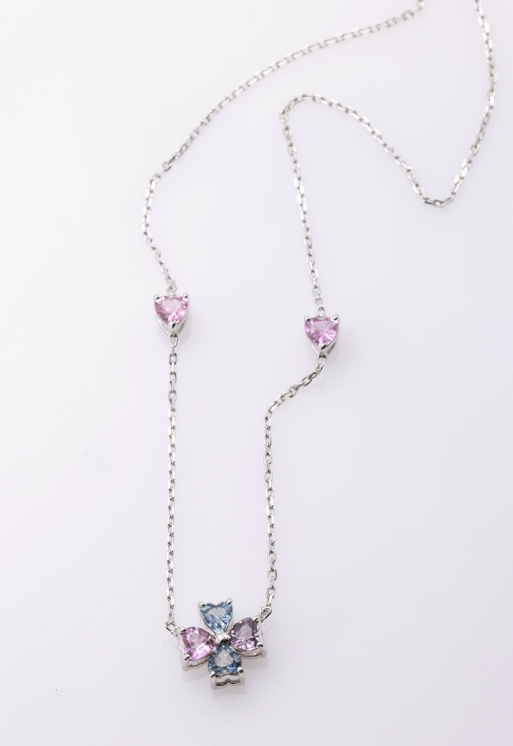 Rainbow Sapphire Heart Clover Station Necklace in 18K white gold — view 6