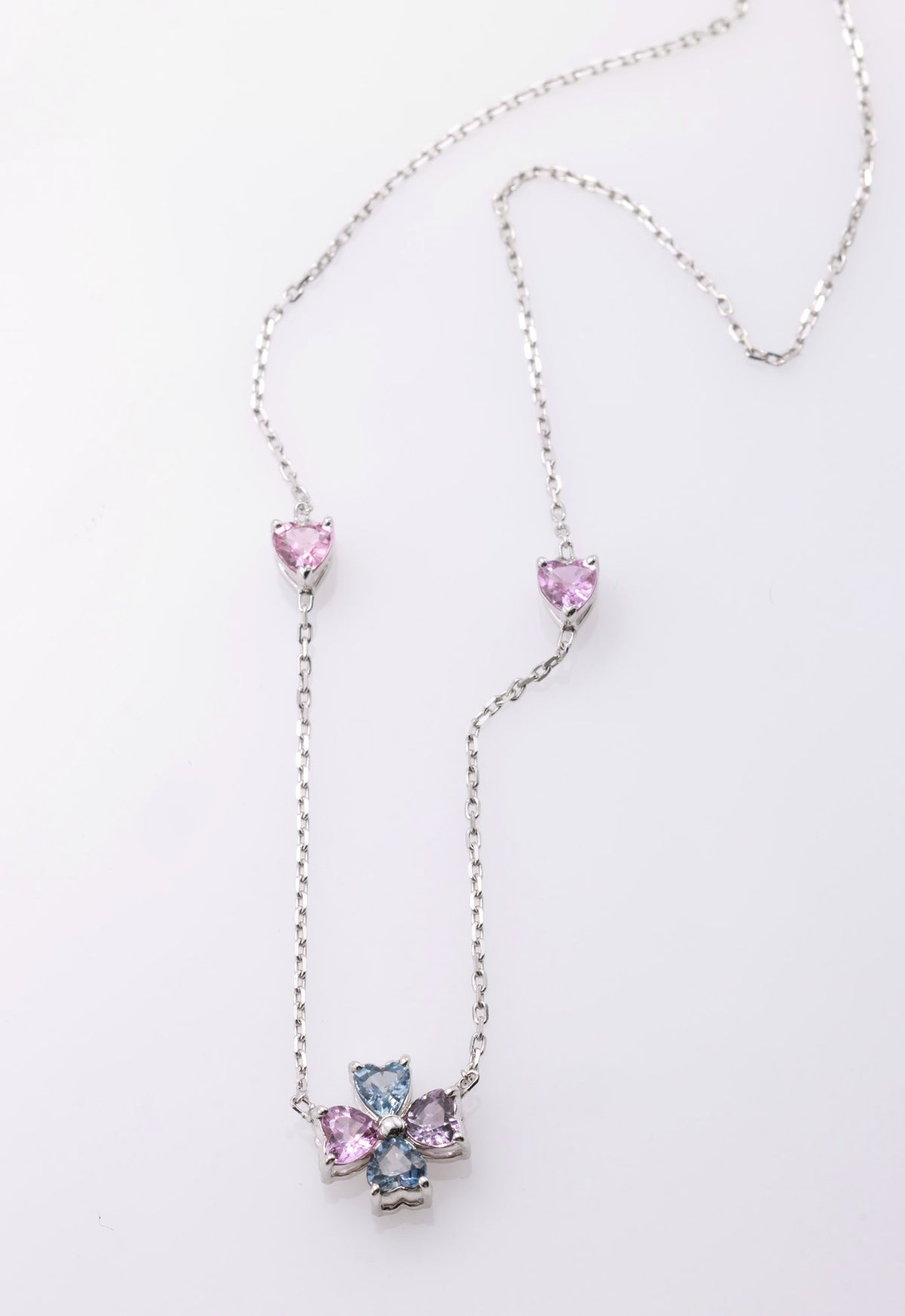 Rainbow Sapphire Heart Clover Station Necklace in 18K white gold — view 6