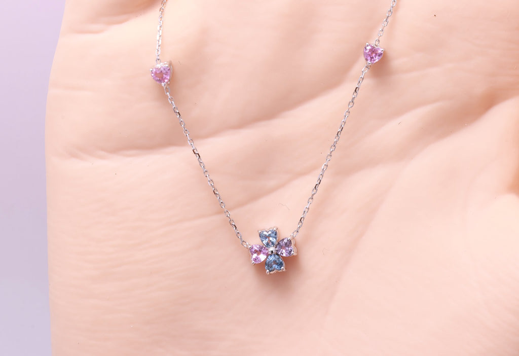 Rainbow Sapphire Heart Clover Station Necklace in 18K white gold — view 7