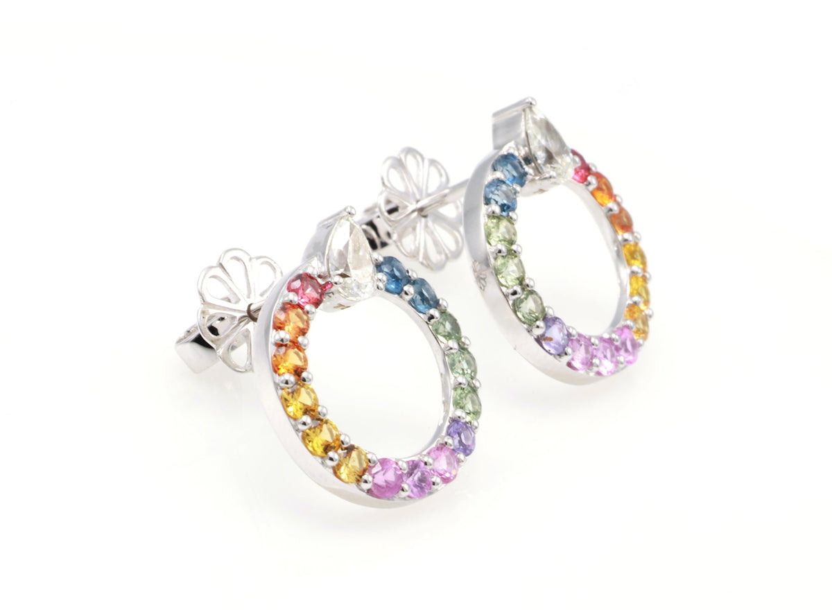 Rainbow Sapphire Hoop Earrings in 18K white gold — view 3