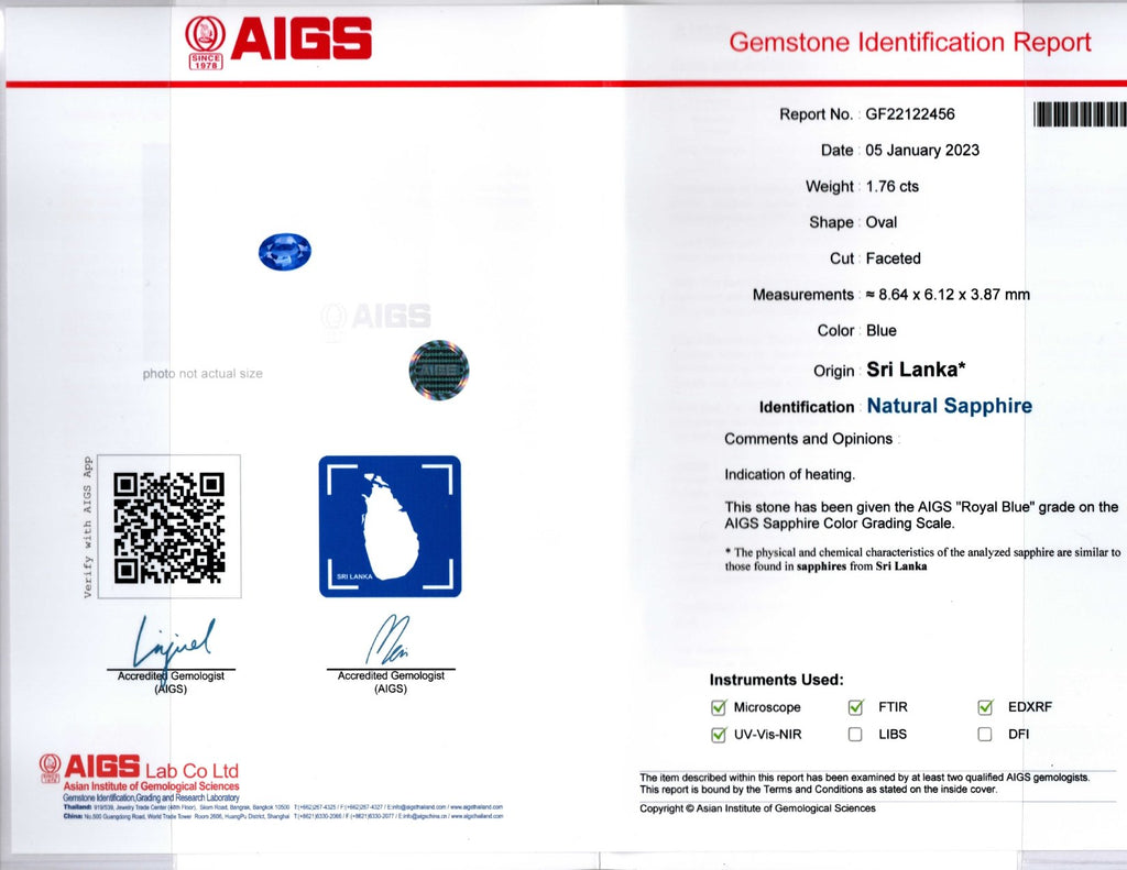 Royal Blue Ceylon Sapphire Halo Ring, 1.76 ct — AIGS laboratory report