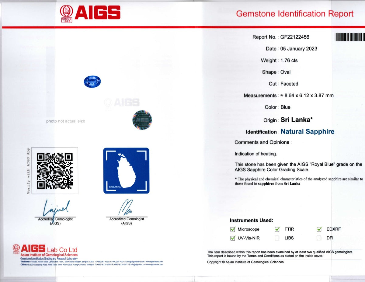 Royal Blue Ceylon Sapphire Halo Ring, 1.76 ct — AIGS laboratory report