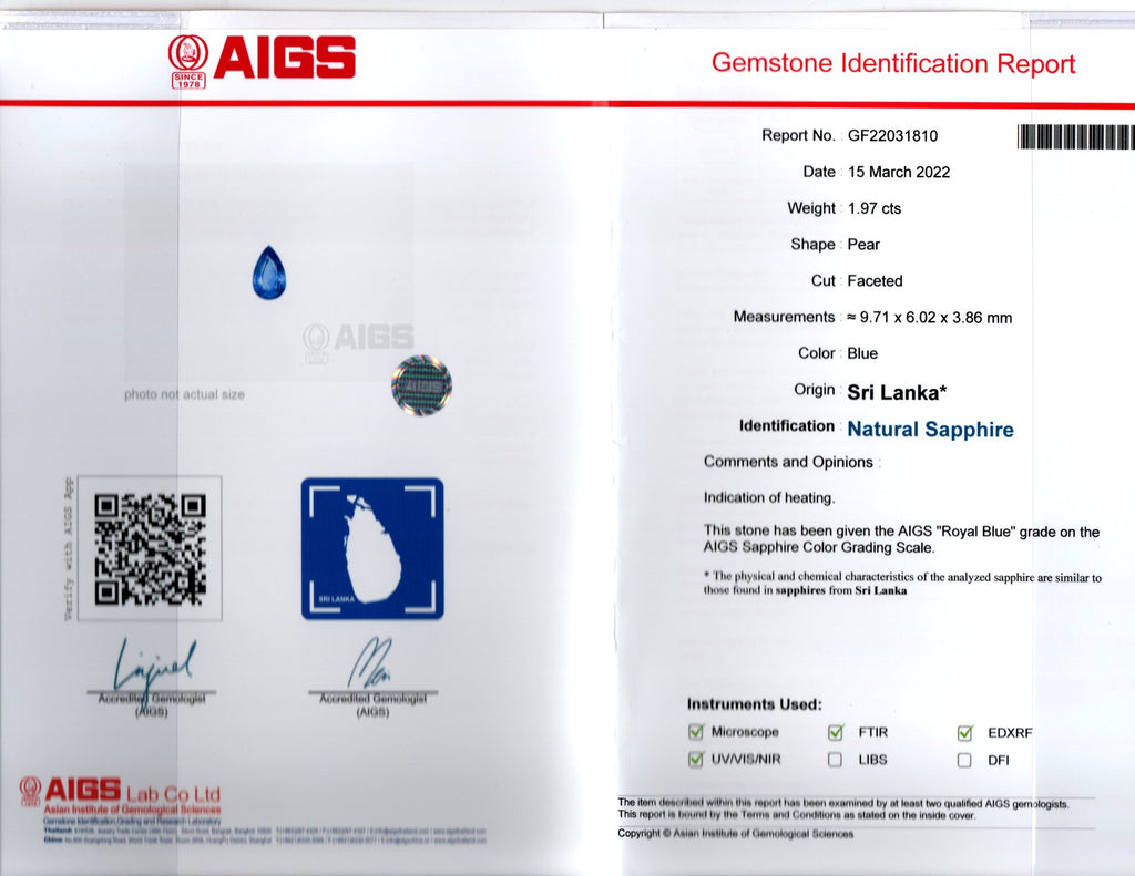 Royal Blue Pear Sapphire Ring — AIGS laboratory report