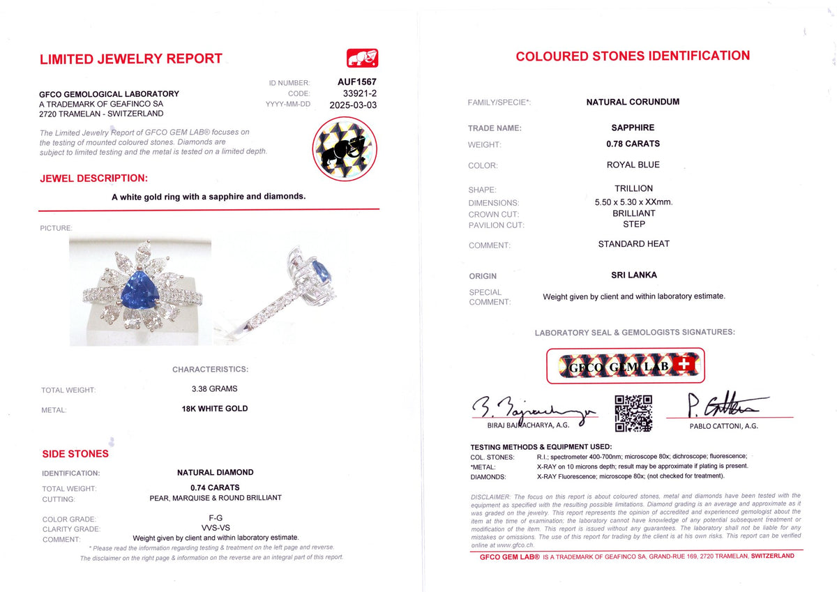 Royal Blue Sapphire & Marquise Diamond Ring — GFCO laboratory report