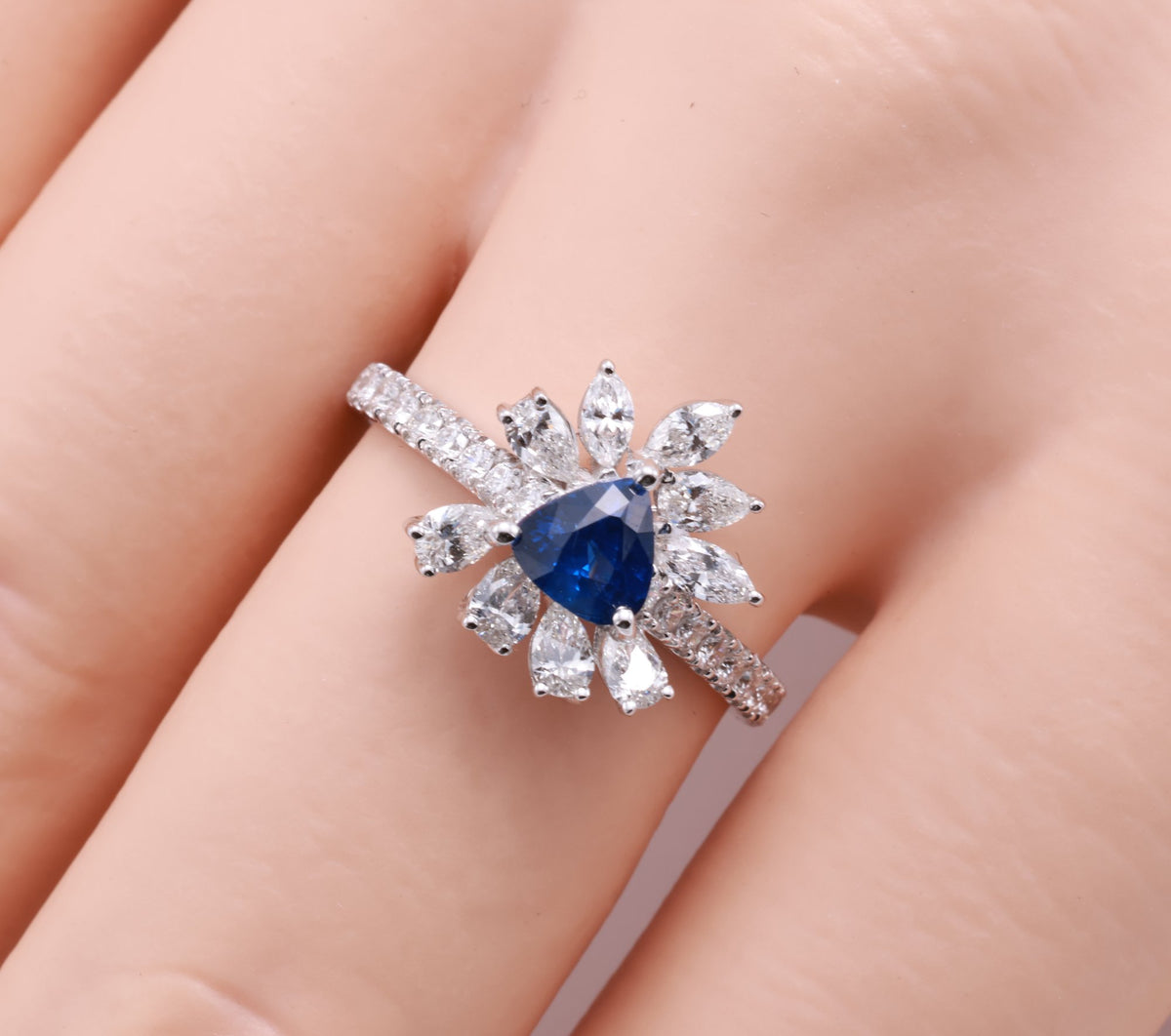 Royal Blue Sapphire & Marquise Diamond Ring in 18K white gold — view 3