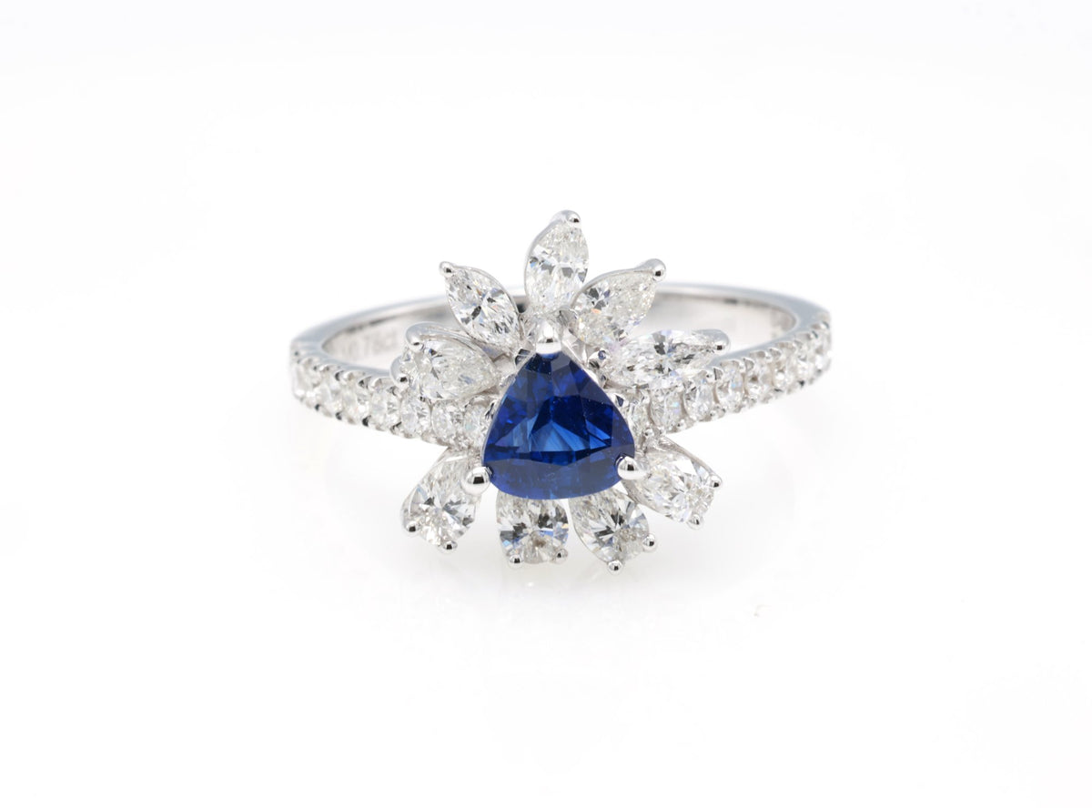Royal Blue Sapphire & Marquise Diamond Ring in 18K white gold — view 4