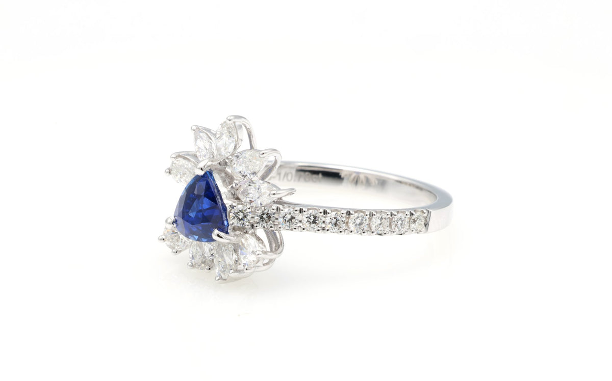 Royal Blue Sapphire & Marquise Diamond Ring in 18K white gold — view 5