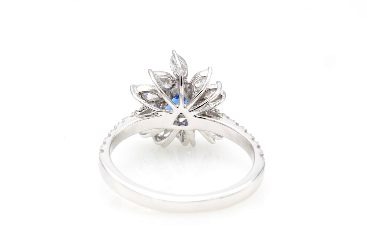 Royal Blue Sapphire & Marquise Diamond Ring in 18K white gold — view 7