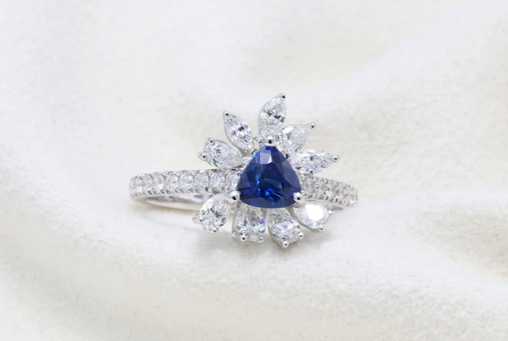 Royal Blue Sapphire & Marquise Diamond Ring in 18K white gold — view 8