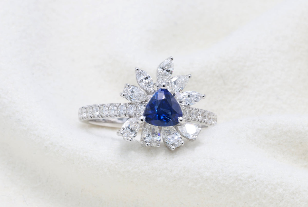 Royal Blue Sapphire & Marquise Diamond Ring in 18K white gold — view 8