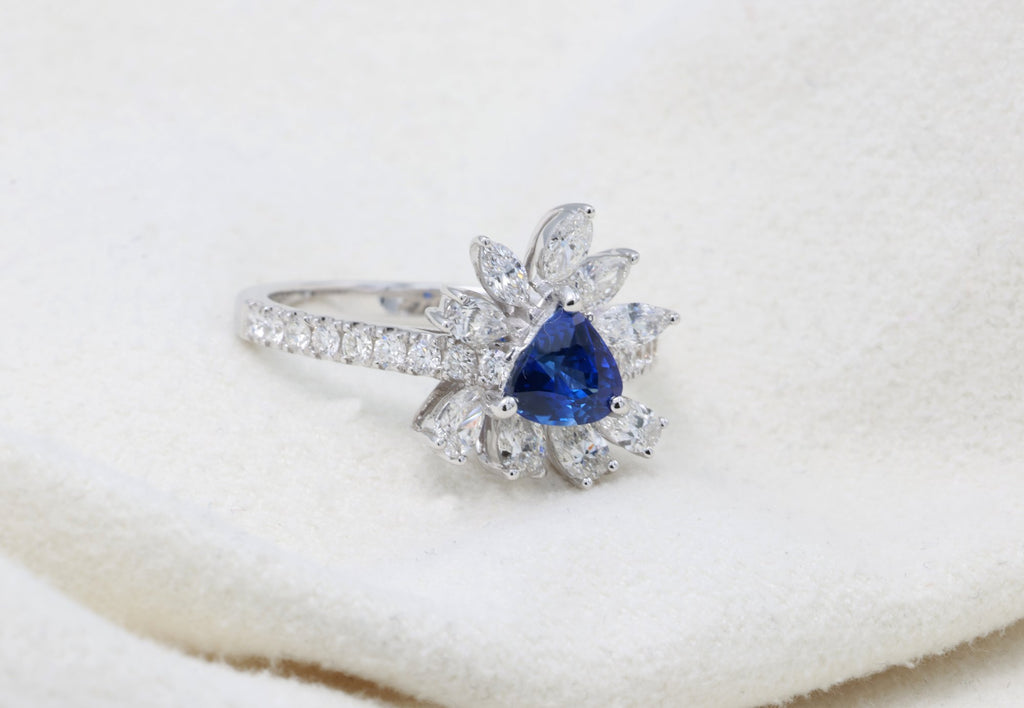 Royal Blue Sapphire & Marquise Diamond Ring in 18K white gold — view 9