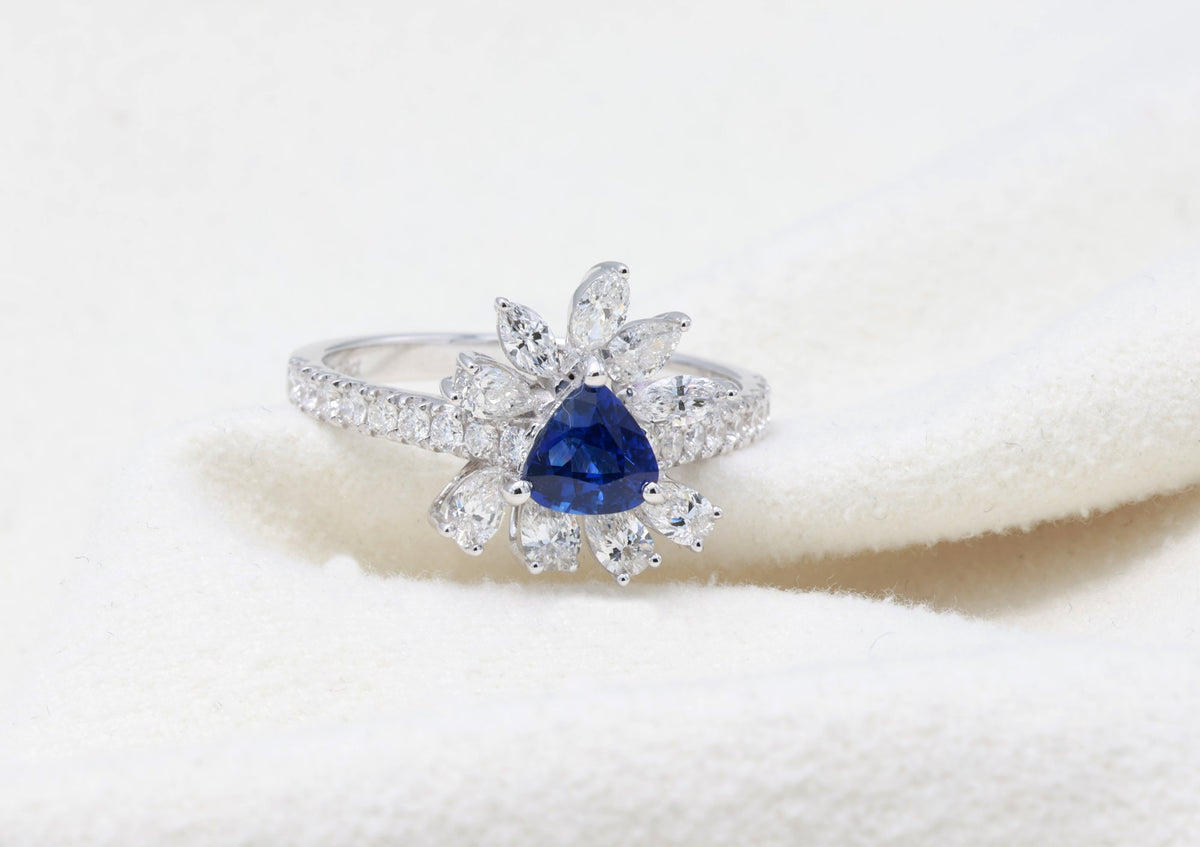 Royal Blue Sapphire & Marquise Diamond Ring in 18K white gold — view 10