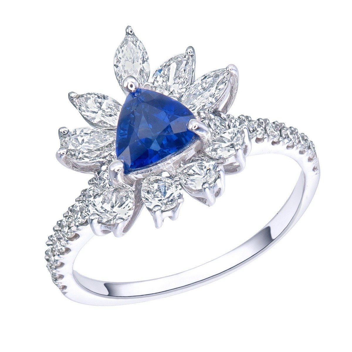 Royal Blue Sapphire & Marquise Diamond Ring in 18K white gold — view 13