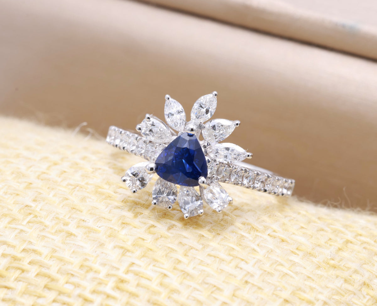 Royal Blue Sapphire & Marquise Diamond Ring in 18K white gold — view 17