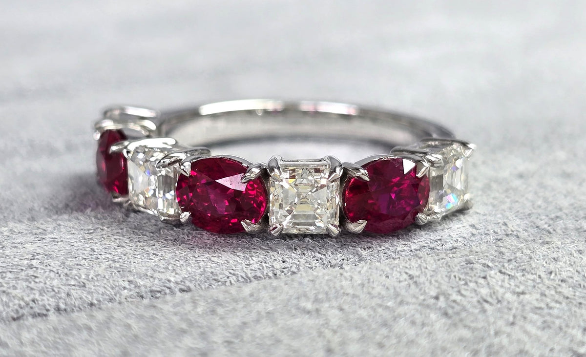 Ruby & Asscher Diamond Five-Stone Ring in 18K white gold — view 5