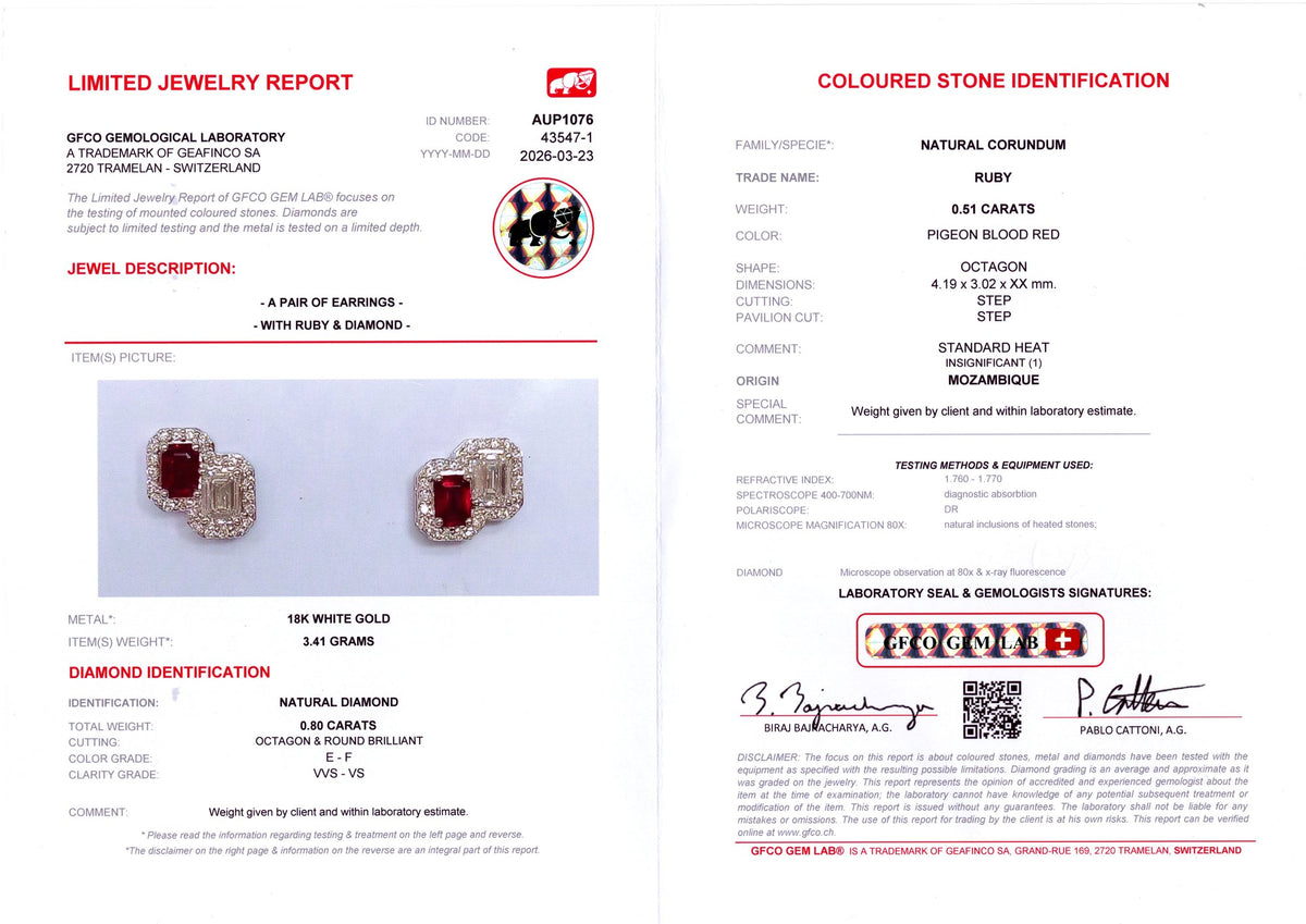 Ruby & GIA Emerald-Cut Diamond Toi et Moi Earrings — GFCO laboratory report