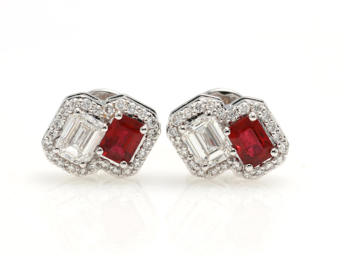 Ruby & GIA Emerald-Cut Diamond Toi et Moi Earrings in 18K white gold — view 1