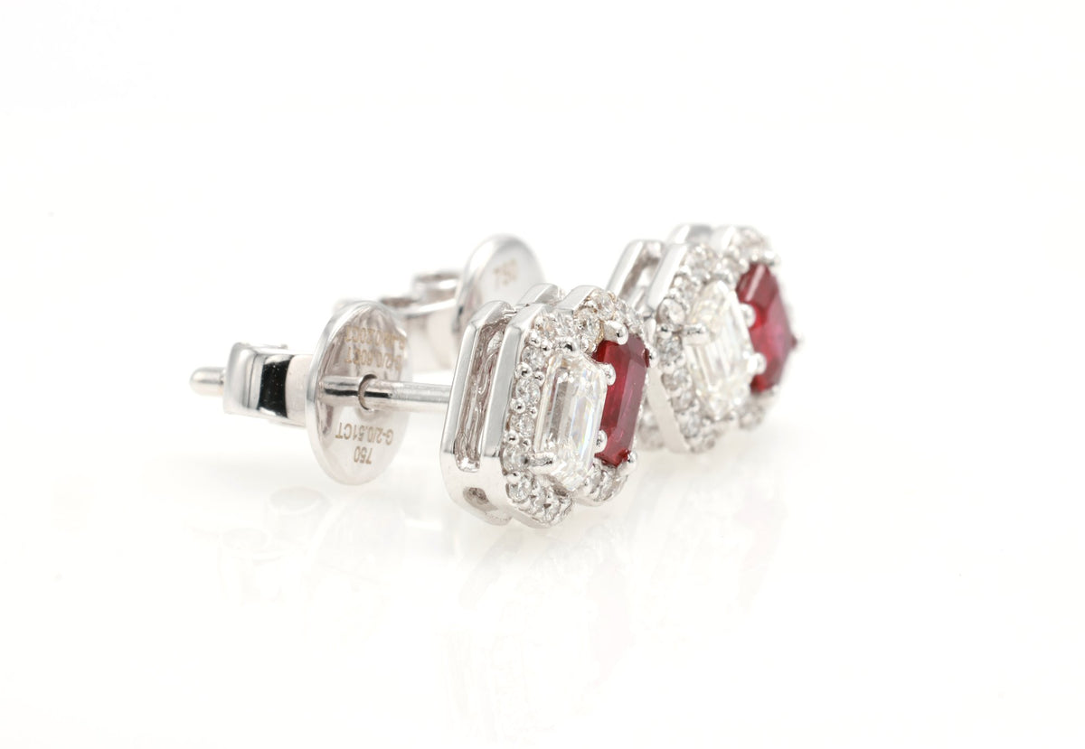 Ruby & GIA Emerald-Cut Diamond Toi et Moi Earrings in 18K white gold — view 2