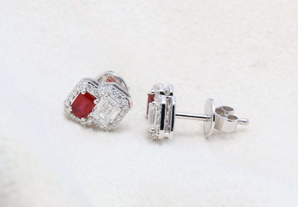 Ruby & GIA Emerald-Cut Diamond Toi et Moi Earrings in 18K white gold — view 3
