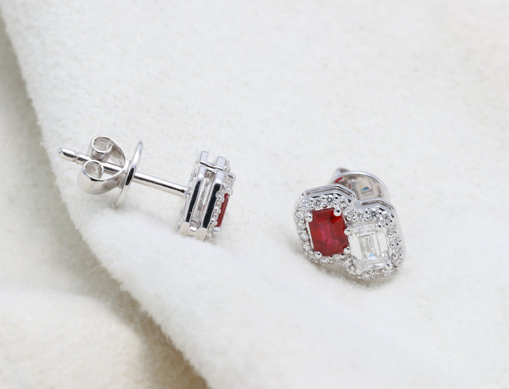 Ruby & GIA Emerald-Cut Diamond Toi et Moi Earrings in 18K white gold — view 4