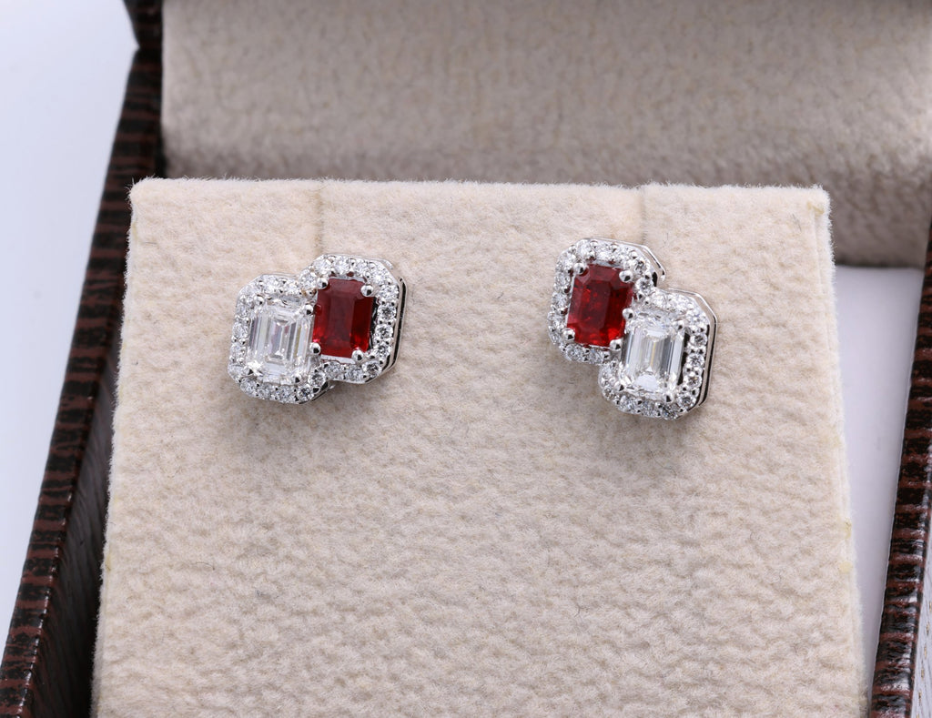 Ruby & GIA Emerald-Cut Diamond Toi et Moi Earrings in 18K white gold — view 5