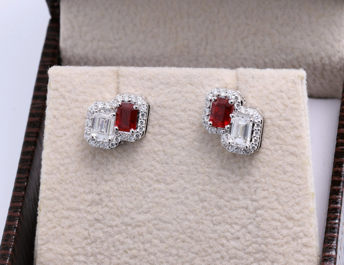 Ruby & GIA Emerald-Cut Diamond Toi et Moi Earrings in 18K white gold — view 5