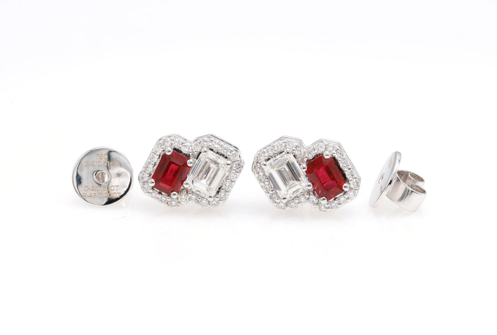Ruby & GIA Emerald-Cut Diamond Toi et Moi Earrings in 18K white gold — view 6