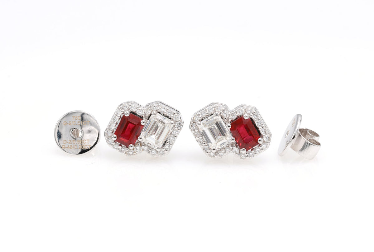 Ruby & GIA Emerald-Cut Diamond Toi et Moi Earrings in 18K white gold — view 6