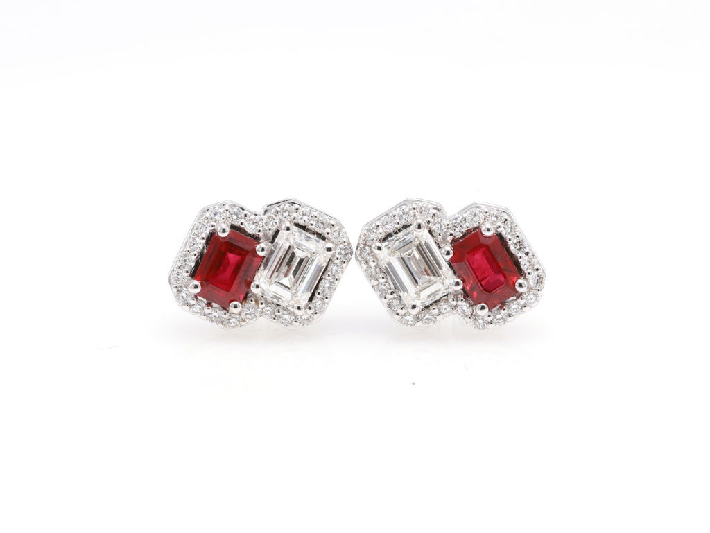 Ruby & GIA Emerald-Cut Diamond Toi et Moi Earrings in 18K white gold — view 8