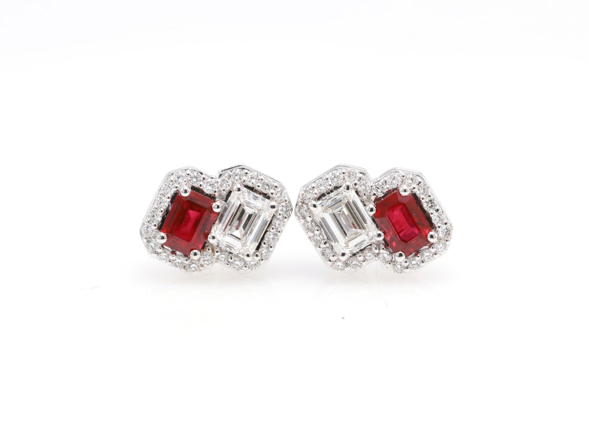 Ruby & GIA Emerald-Cut Diamond Toi et Moi Earrings in 18K white gold — view 8