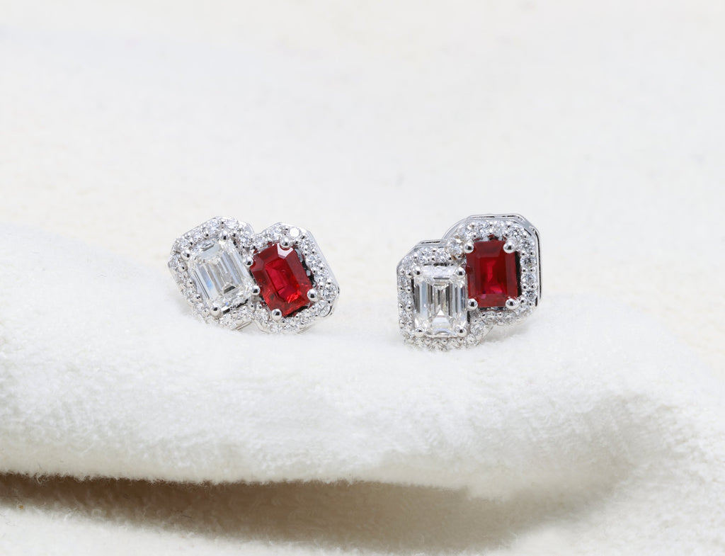 Ruby & GIA Emerald-Cut Diamond Toi et Moi Earrings in 18K white gold — view 9