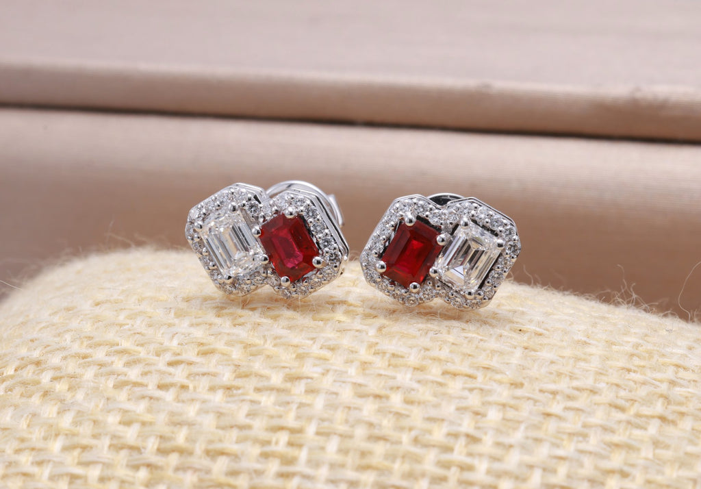 Ruby & GIA Emerald-Cut Diamond Toi et Moi Earrings in 18K white gold — view 10