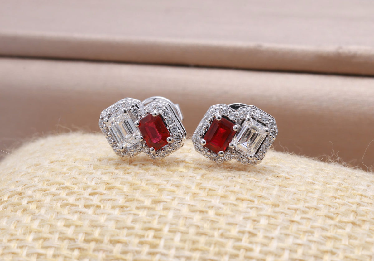 Ruby & GIA Emerald-Cut Diamond Toi et Moi Earrings in 18K white gold — view 10
