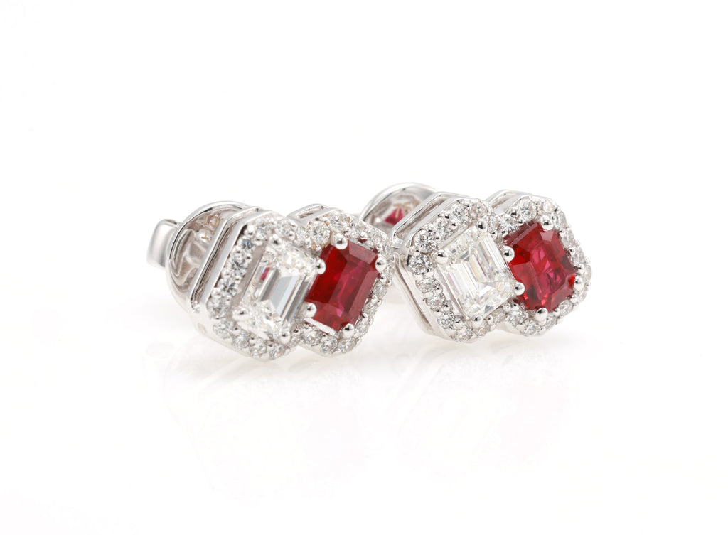 Ruby & GIA Emerald-Cut Diamond Toi et Moi Earrings in 18K white gold — view 12