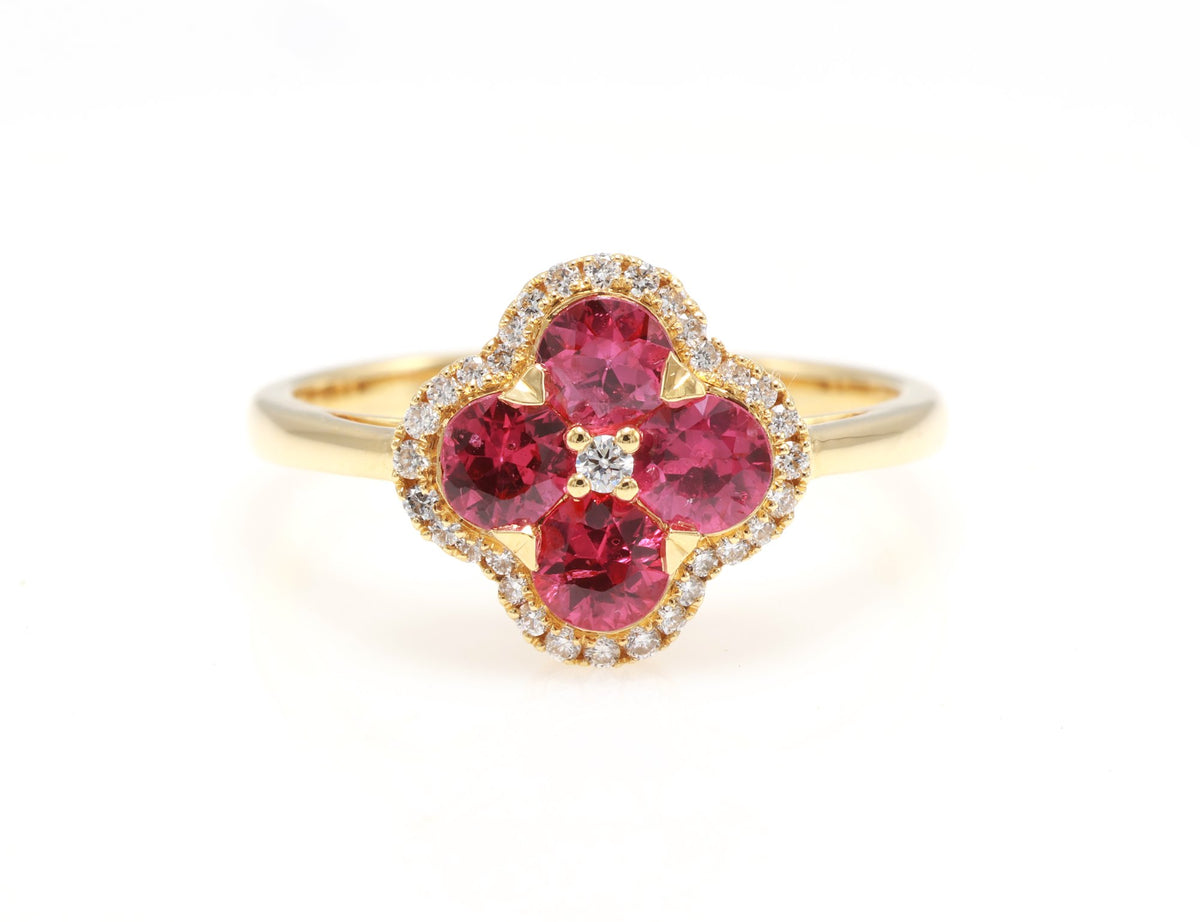 Ruby Quatrefoil Halo Ring in 18K yellow gold — view 3