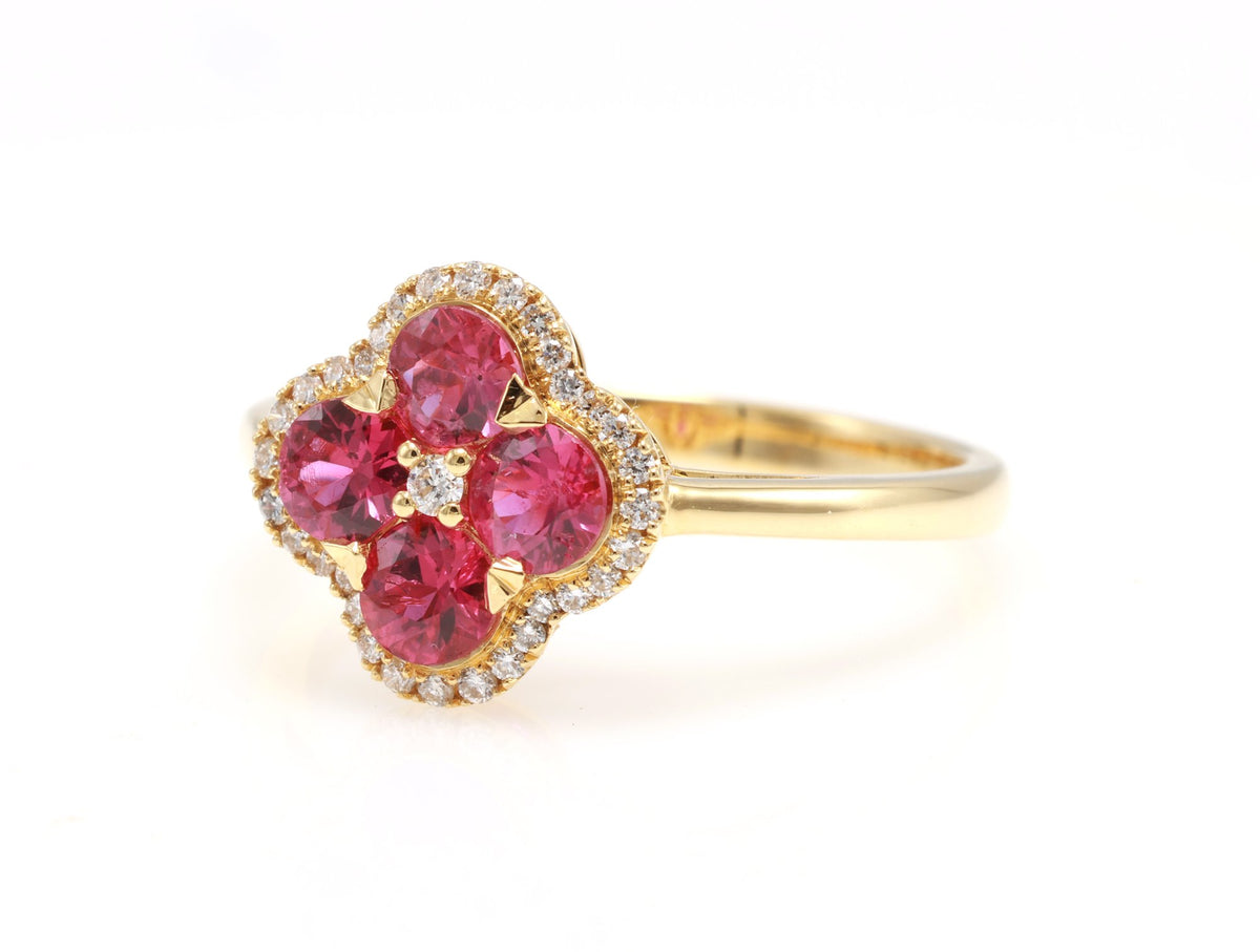 Ruby Quatrefoil Halo Ring in 18K yellow gold — view 4