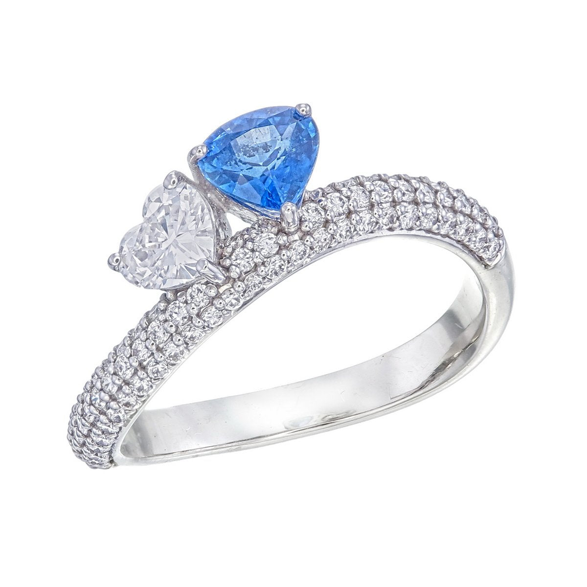 Trillion Sapphire & Heart Diamond Bypass Ring in 18K white gold — view 2