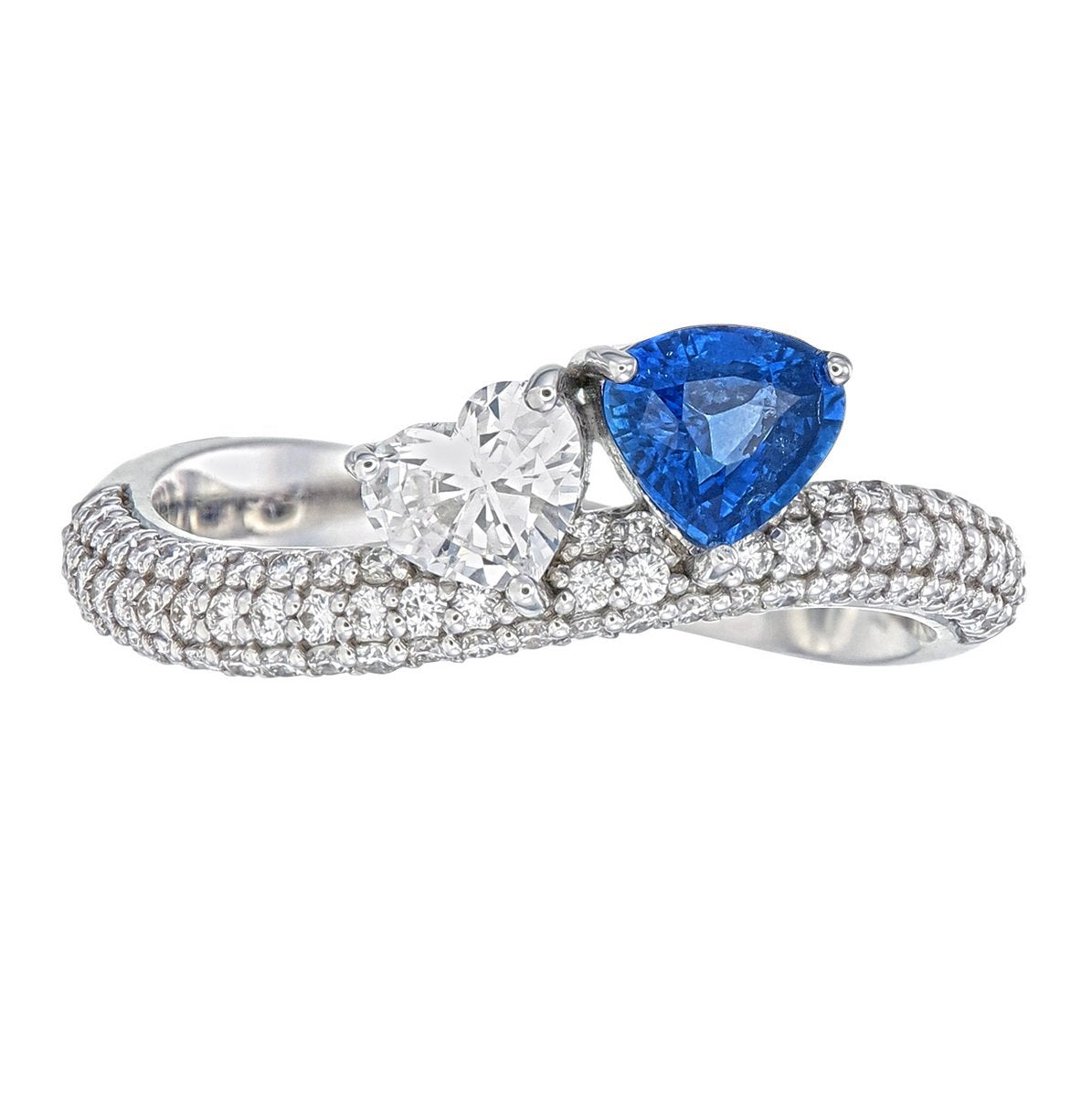 Trillion Sapphire & Heart Diamond Bypass Ring in 18K white gold — view 3